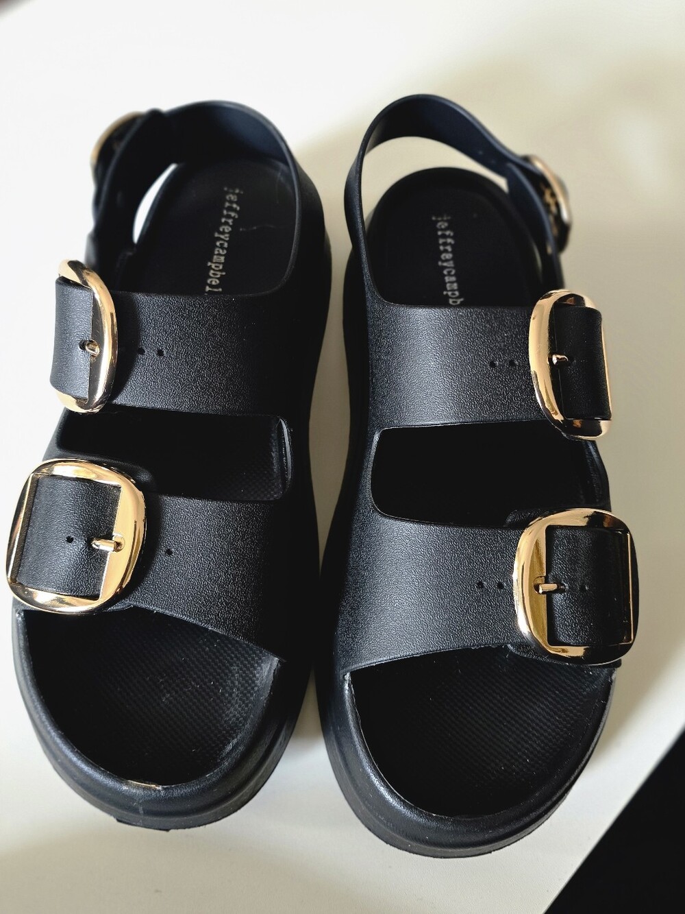 Jeffrey Campbell Black Platform Sandals with Gold Buckles 8 / 39